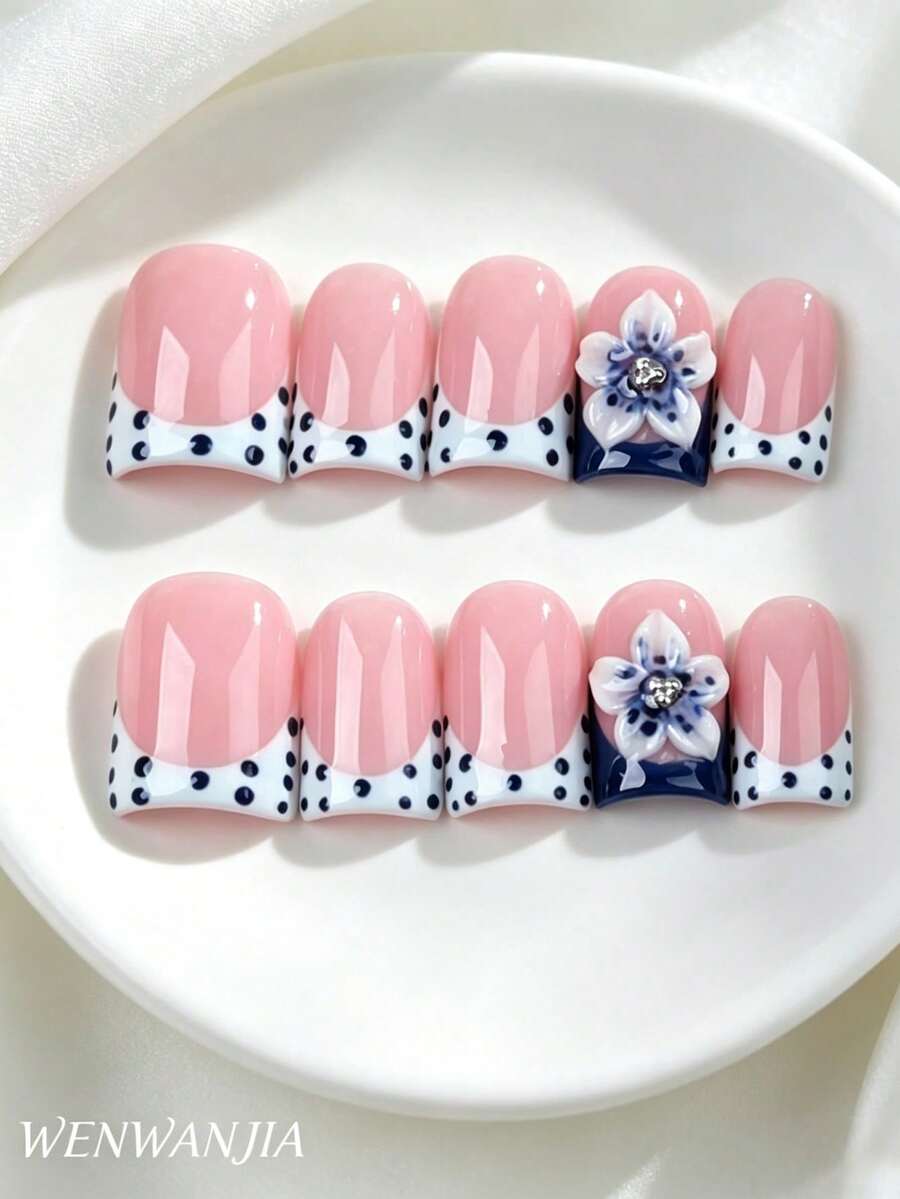 10pcs Handmade Press-On Fake Nails Light Blue Polka Dot Square Tip Nail Stickers, 3D Blue & White Decor Artificial Nails, Suitable For Daily Commute And Party Manicure, Perfect Gift For Women And Girls - Baby Blue - View 1