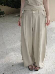 Women's Summer Drapey Straight Leg Casual Pants, Design-Focused Wide Leg Loose Fit Slimming Versatile Airy Pants - Light Brown - View 2
