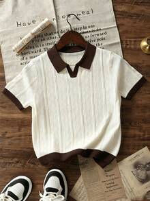 Suéter POLO de manga corta con cuello de contraste y tejido de punto jacquard calado para niños - Albaricoque - Ver 3