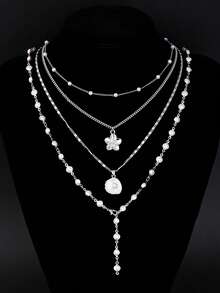 4pcs/Set Minimalist Casual Style Pearl Flower Shell Silver Necklace, Suitable For Women Spring/Summer Daily Commute, Date, Beach Vacation, Party Wear, Gift - Silver - View 4