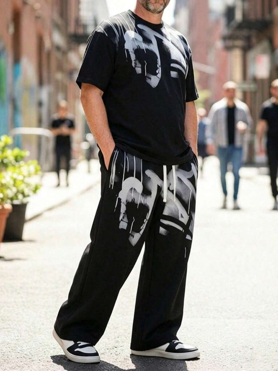 Men's Autumn/Winter Fashion Comfortable Dark Splatter Print Wide Leg Long Pants & Short Sleeve Top Set - Multicolor - View 1
