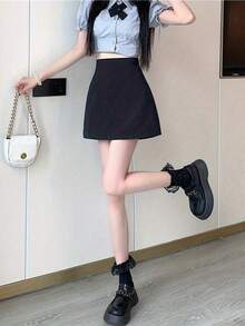 Elegant High Waisted Stretch Mini Skirt Solid Black Bodycon Short Skirt Slim Fit Elastic Waist Casual Skirt For Women Spring Summer Autumn - Black - View 3