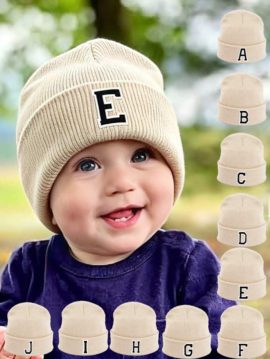 1 Pc Neutral Beige Unisex A-Z Letter Knit Beanie, Stretch Fit Custom Thermal Skull Ribbed Cuffed Cap Fit KidsTo Teenagers Daily Outdoor - Beige - View 1