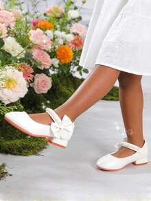 Girls' White Bow High Heel Princess Shoes, Pearl Embellished Shoes, Spring/Autumn, For Party, Wedding, Flower Girl, Dress - White - View 3