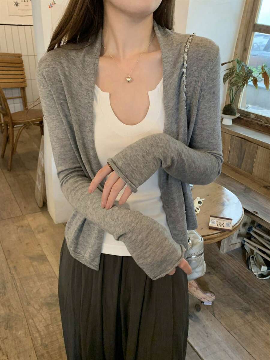 Summer Elegant Solid Color Lightweight Knit Cardigan Shawl Top - Grey - View 1