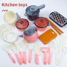 34pcs Simulation Play Food Fruit Vegetable Toy Set With Multiple Cooking Utensils, Children's Pretend Play Kitchen Party Gift Toy Set, Simulated Cooking Toy Set, Gift For Boys And Girls Children's Day, Birthday Party, Christmas - Pink - View 5