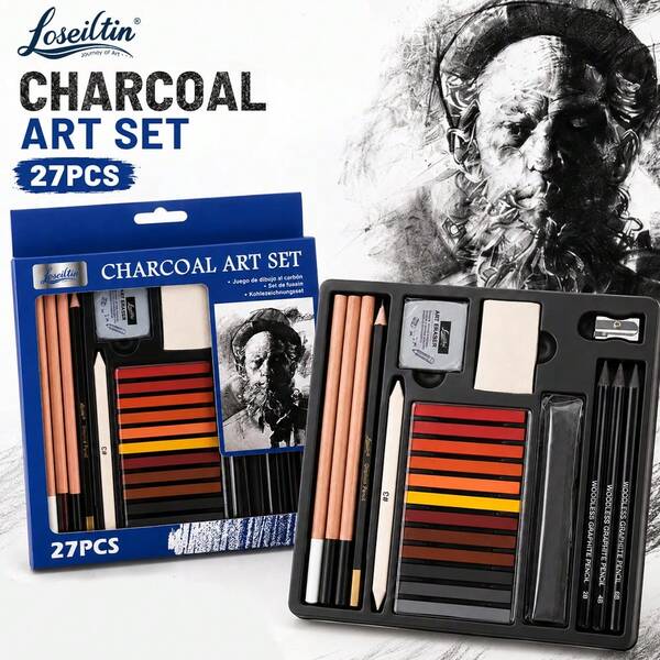 Charcoal Art Set, Professional Drawing Kit With Graphite Pencils, Charcoal Sticks, Blending Cloth & Eraser, Ideal For Sketching, Shading & Layering, Perfect For Artists, Students & Hobbyists