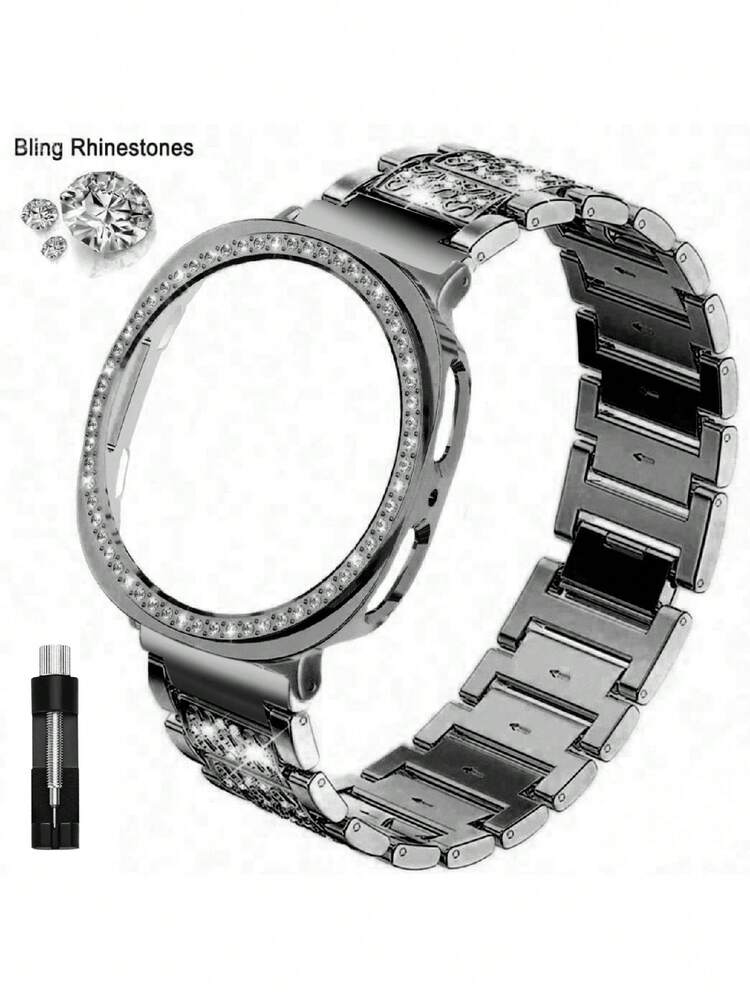 Watch Band + Case For Galaxy Watch 9/8, 1pc Women's Jewelry Shiny Diamond Metal Dress Watch Band + 1pc Shiny Case (Screen Protector Not Included), Compatible With Galaxy Watch 9/8 Classic 46mm Adjustable Replacement Band Accessories Sports Band, Unisex, Compatible With Galaxy Watch 9/8 40mm 44mm - Black + Black Case - View 6