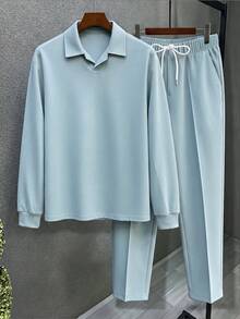 Plus Size Men's Polo Set, Autumn Long Sleeve Long Pants Casual Solid Color Plus Size Set For Men, Suitable For Daily Wear Plus Size Men's Clothing - Baby Blue - View 2