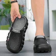 Men Women Smile Print Thick Sole Clogs, Adjustable Strap Hollow Out EVA Slip‑On Shoes, Non‑Slip Outdoor Beach Garden Slides - Black - View 5