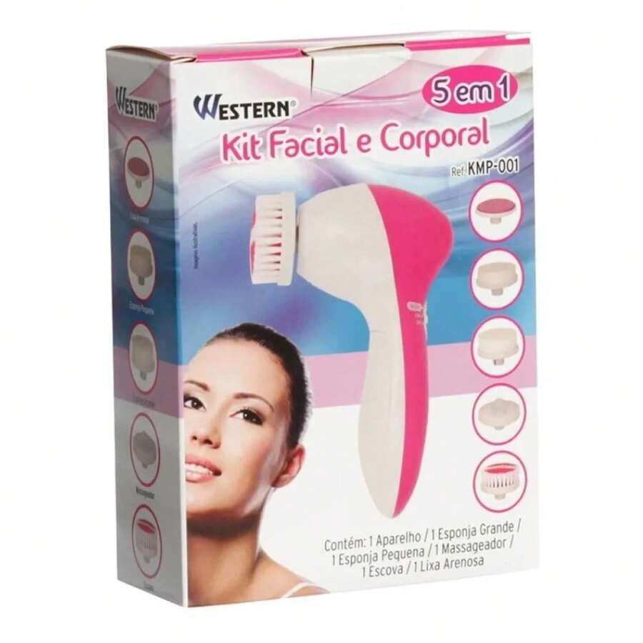 Kit 5 Em 1 Escova Massageador Eletrico Corpo E Rosto - Rosa chiclete - Visão 1