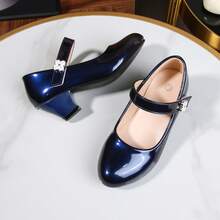 1 Pair Shiny Patent Leather Mary Jane Shoes For Mid-To-Large Girls, Round Toe With Hook And Loop Strap, Easy To Wear, Suitable For Wedding, Birthday And Dress Matching - Royal Blue - View 4