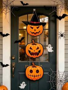 1pc/3pcs Stacked Pumpkin Door Hanging Decor With Witch Hat, Halloween Scary Jack-O'-Lantern Front Door Wall Decoration, Indoor/Outdoor Party Home Decor - View 7