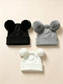 3pcs/1pc Warm Knitted Knitted Hat, Cute Plush Double Pom Pom Design, Thickened Hat Body, Suitable For Newborns - Multicolor - View 8