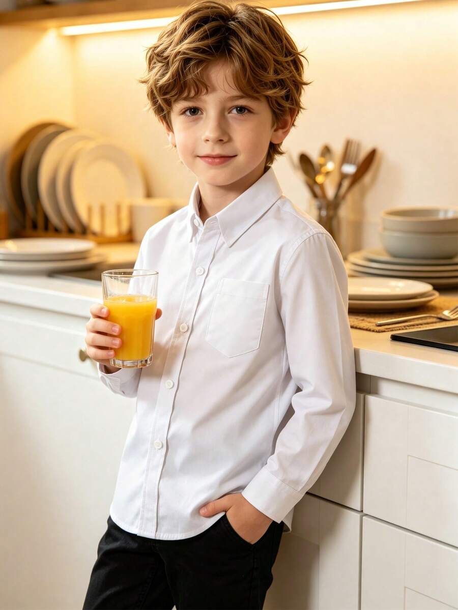 Camicia bianca a maniche lunghe per ragazzi da 6 a 16 anni, adatta per matrimoni, eventi formali, con tasche - Bianco - Visualizzare 1
