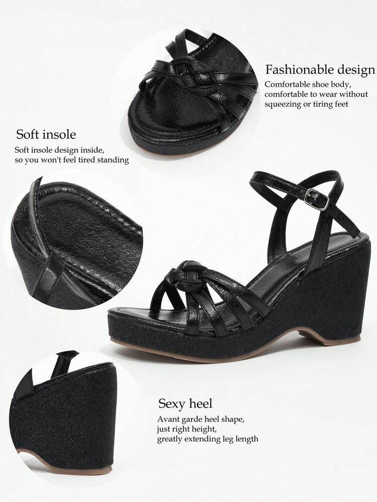 Women's Elegant Black Leather Twist Buckle Wedge Sandals, Open Toe Metal Buckle Back Strap Glitter Thick Sole Design, Suitable For Wedding, Party, Commute Office, Summer Daily Wear - Black - View 11