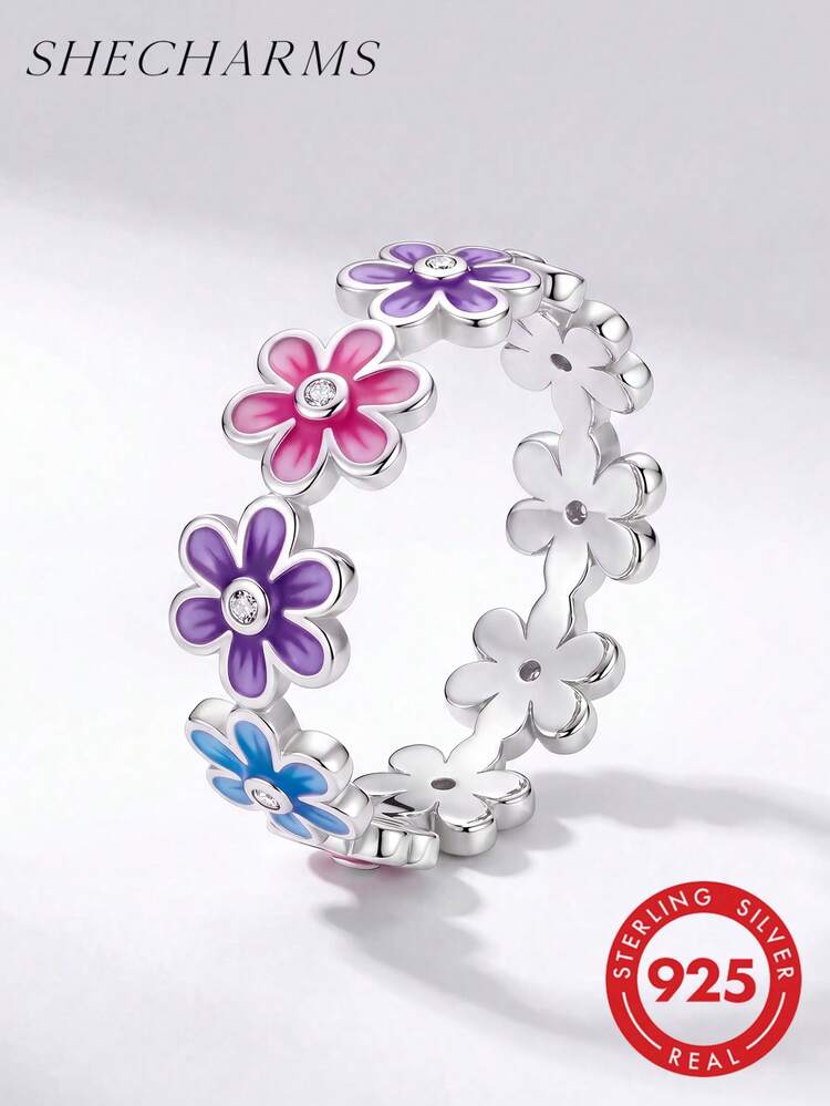 1 pieza Anillo de flor de plata de ley 925 de moda, incrustado con diamantes, accesorio de uso diario y fiesta para mujeres, anillo de alta calidad - Estilo 4 - Añade 1