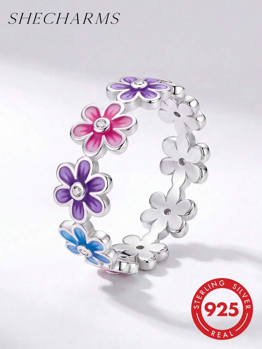 1 buah Cincin Bunga Perak Sterling 925 Bergaya, Bertatahkan Berlian, Aksesori Pesta untuk Pemakaian Sehari-hari Wanita, Cincin Berkualitas Tinggi