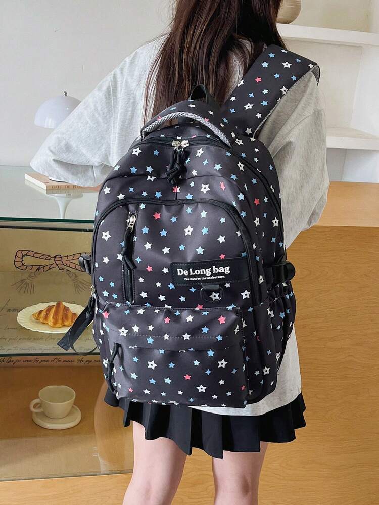 Dedoo Colorful Star Print 3Pcs Backpack Set, Label Decor Multi Zipper Pockets Adjustable Straps Student Bag For School Daily Travel Without Pendant - Black - View 3