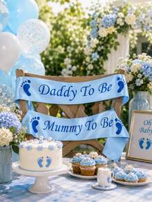 2pcs/Set Maternity And Expectant Parents Ribbon Sash Set, Light Blue Satin With Blue Print, Suitable For Baby Shower Decor, Mom And Dad Sash Set, Perfect For Maternity And Expectant Parents Photo Props, Gift For Maternity And Expectant Parents, Pregnancy Announcement Decor, Gender Reveal Party, Party Supplies - Baby Blue - View 10