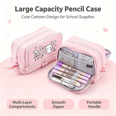 Cute Cartoon Kitty Print Portable Multi-Layer Canvas Pencil Case