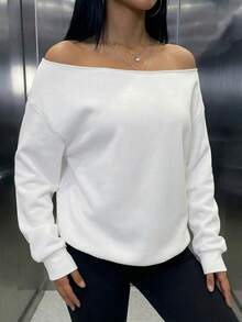 Women's Casual Fleece Cold Shoulder Loose Sweatshirt, Suitable For Autumn/Winter Daily Wear, White Fall - White - View 6