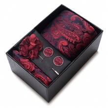 AlanKing 1組禮盒裝男士緹花紅色花卉領帶、口袋巾，正式場合西裝配件 - 混色 - 查看 22