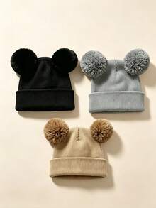 3pcs/1pc Warm Knitted Knitted Hat, Cute Plush Double Pom Pom Design, Thickened Hat Body, Suitable For Newborns - Multicolor - View 9