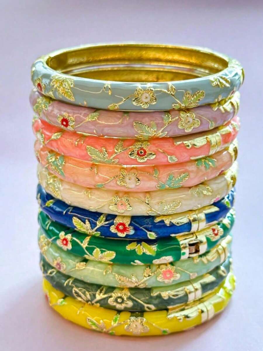 1pc Vintage Style Gold Floral Enamel Bangle, Gold Bracelet, Jewelry Accessory For Girls And Women, Suitable For Daily Wear And Holidays - Multicolor - View 1