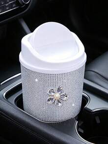 1pc Mini Desktop Storage/Car Trash Can With Lid, Makeup Brush Holder; Exquisite Home Decor; Stationery Storage; Decorated With Diamond Flower; Luxury Diamond Desktop Storage; Cylindrical Trash Can, Suitable For Home, Office, Kitchen, Bedroom, Dressing Table. Home Decor, Dressing Table And Other Daily Necessities, Back To School Season Must-Have. Camping Must-Have - Multicolor - View 13