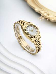 RICECGO This Fashionable Business Casual Women's Steel Band Quartz Watch Is Suitable For Parties, Celebrations, Weddings And Daily Wear - Gold - View 4