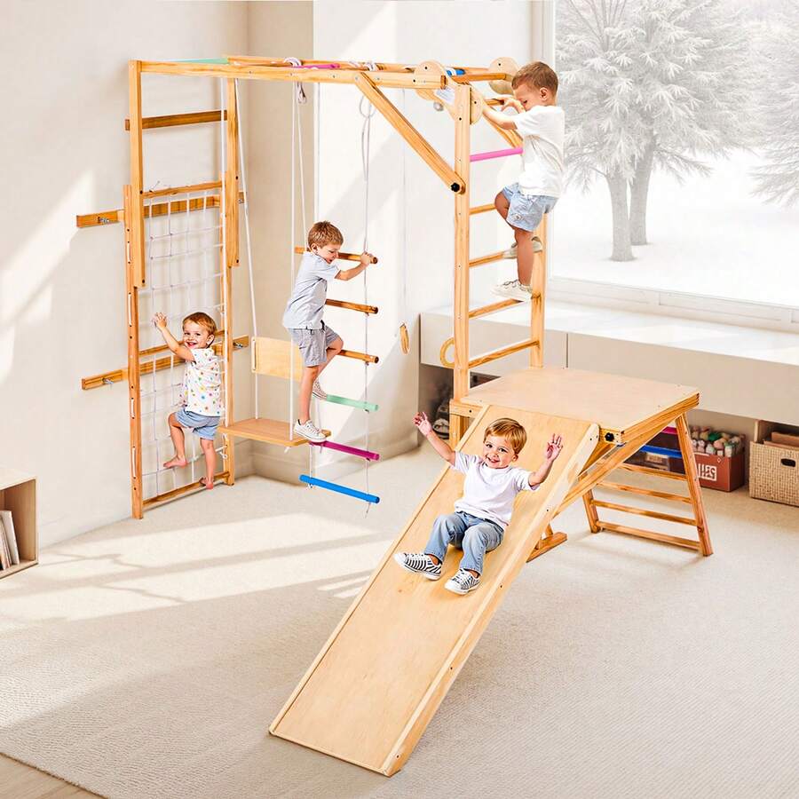 Indoor Playground Jungle Gym, 8-In-1 Wooden Indoor Playground Playset, 220LBS Loading Montessori Climbing Toys With Swing, Slide, Monkey Bar, Gym Rings, Wooden / Rope Ladder, Climbing Net & Bar - Colorful, 8-in-1, L - View 1