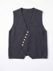 SEREN Autumn/Winter New Dark Gray V-Neck Asymmetrical Button Vest, Elegant Versatile Sleeveless Layering Knit Sweater, Daily Wear - Dark Grey - View 9