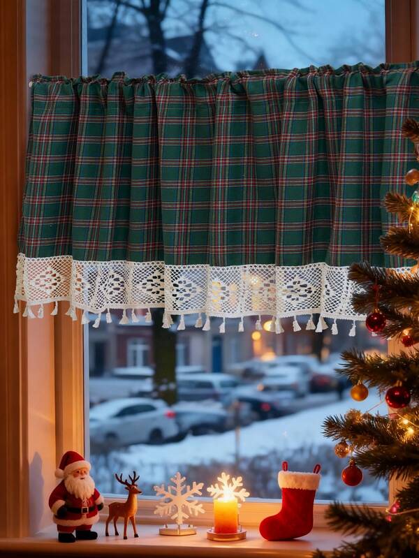 1/2/4pcs Multi-Color Optional Christmas Tartan Plaid Window Valance, Classic Red / Christmas Green / Navy Blue Plaid Kitchen Short Curtain, Rod Pocket No-Drill Lace Tassel Hem Window Valance, Semi-Sheer Soft Light Filtering Privacy Protection, Suitable For Kitchen, Dining Room, Bay Window, Display Window, Entryway, Christmas Holiday Party Home Decor, Fits Most Standard Diameter Curtain Rods, Vintage Plaid Versatile Christmas Theme Dust-Proof Short Half Curtain