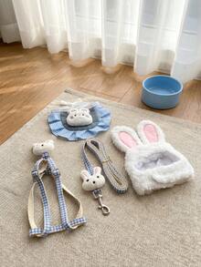 4pcs Blue Plaid Rabbit Pet Outfit Set, Plush Rabbit Ear Hat + Rabbit Bib + Rabbit Harness Leash, Small Cat & Dog Outdoor Wear - Multicolor - View 8