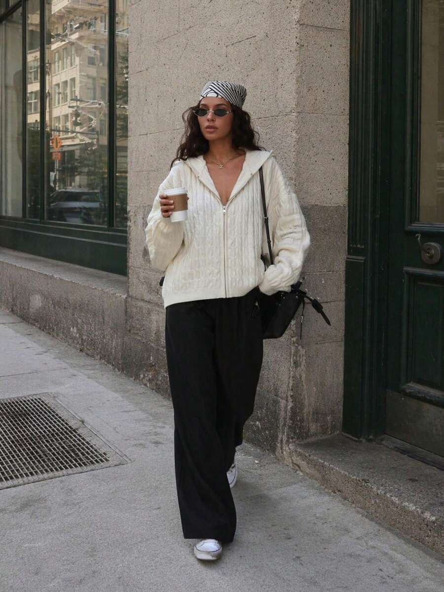 2026 Autumn/Winter Women's Heavyweight Cable Knit Casual Hooded Cardigan Sweater - Apricot - View 1
