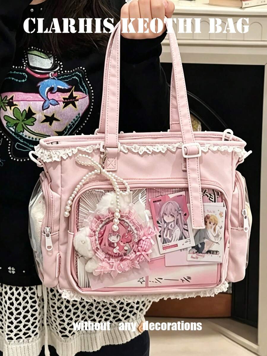 Pink Lace Decorated Ita Tote Bag, Transparent Window Design With Detachable Shoulder Strap, Multiple Pockets, Cute Anime Display Handbag, Purse, Gift - Pink - View 1