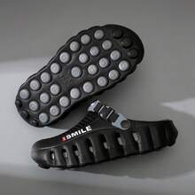 Men Women Smile Print Thick Sole Clogs, Adjustable Strap Hollow Out EVA Slip‑On Shoes, Non‑Slip Outdoor Beach Garden Slides - Black - View 3
