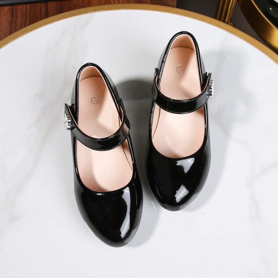 1 Pasang Sepatu Mary Jane Kulit Paten Mengkilap untuk Anak Perempuan, Ujung Bulat dengan Tali Perekat, Mudah Dipakai, Cocok untuk Pernikahan, Ulang Tahun, dan Dipadukan dengan Gaun - Hitam - View 1