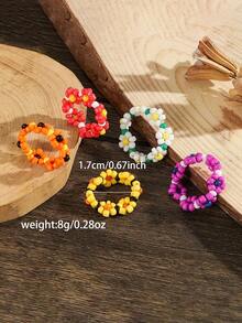 5pcs Summer Creative Colorful Daisy Elastic Cord Ring Set, Beach Vacation Girl Style Floral Beaded Multi-Layer Stackable Rings, Suitable For Women, Fashion Stackable Rings, Suitable For Summer Beach Vacation, Suitable For All Seasons - Multicolor - View 4