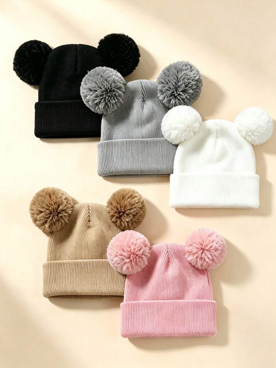 3pcs/1pc Warm Knitted Knitted Hat, Cute Plush Double Pom Pom Design, Thickened Hat Body, Suitable For Newborns - Multicolor - View 1