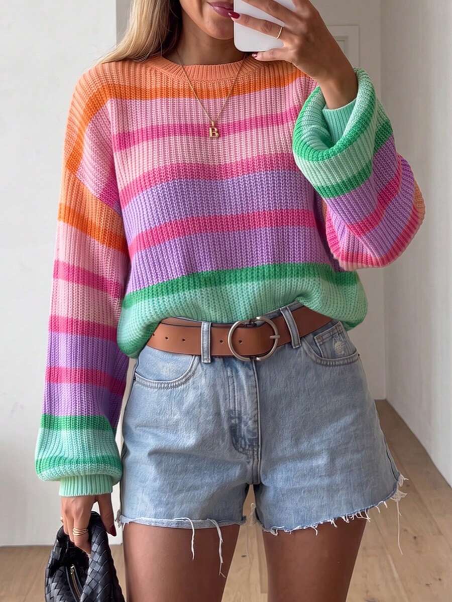 Women's New Winter Dopamine Style Rainbow Striped Loose Knit Sweater Oversize