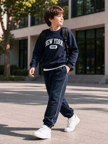 小男孩休閒簡約百搭學院風斜口袋皇家藍長褲，適合度假、旅行、運動、學校及日常穿著 - 寶藍色 - 查看 3