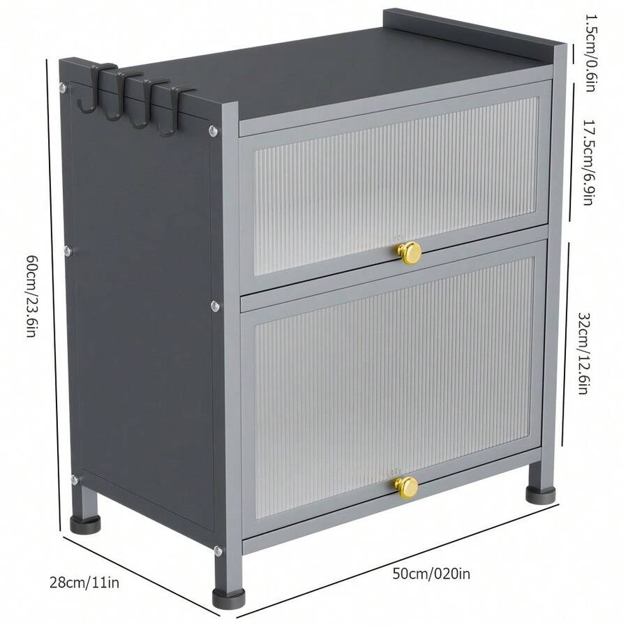 Double-Layer Microwave & Kitchen Storage Rack – Sleek Gray Metal Frame With Semi-Transparent Flip Door, Adjustable Shelf Height, Space-Saving Design For Microwaves, Spices, Cookware & Daily Essentials. Sturdy Construction Supports Up To 35 Kg Per Tie - Grey - View 1