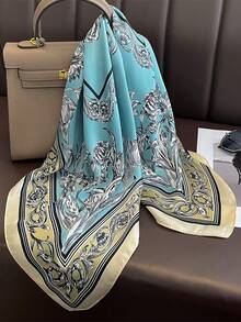 1pc 65*65cm Retro Ornate Black Line Botanical Floral Border Square Satin Silk Scarf, Thin Multi-Purpose Scarf For All Seasons, Daily Outing & Party - Multicolor - View 8