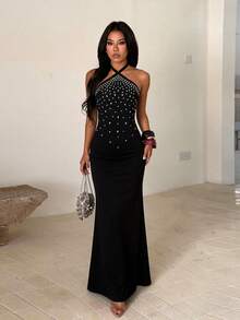 Summer, Elegant Party Dress, Wedding Luxury Evening Dress, Sexy Halterneck Beach Dress, Women's Vacation Wear, Back To School, Birthdays, Holidays - Black - View 3