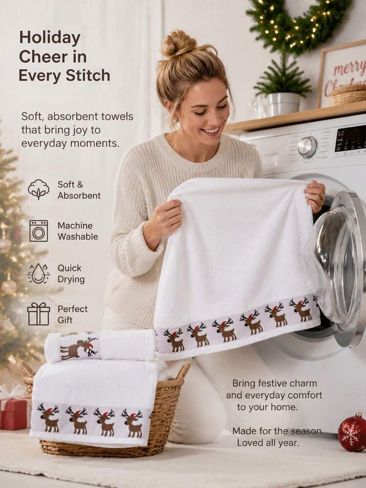 4pcs/1pc Christmas Reindeer Embroidered Towel Set, Absorbent Face Towel, Christmas Theme Home Hand Towel, Bathroom Kitchen Universal Holiday Decorative Towel - Multicolor - View 5