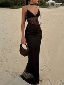 Chic Women's Semi-Sheer Bodycon Sundress, Sleeveless With Spaghetti Straps And Lace Detail For A Formal Look - Black - View 1