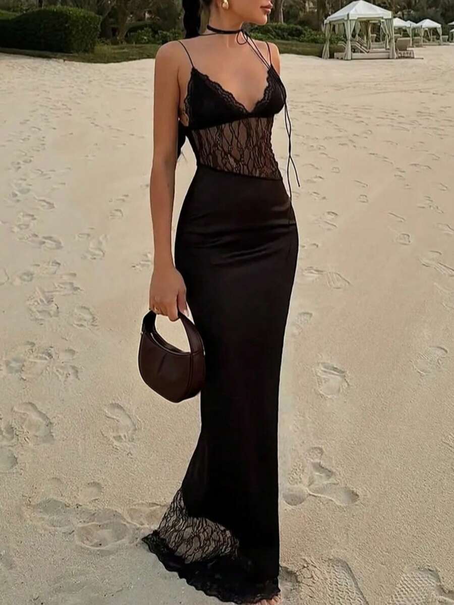 Chic Women's Semi-Sheer Bodycon Sundress, Sleeveless With Spaghetti Straps And Lace Detail For A Formal Look - Black - View 1