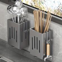 1pc Wall-Mounted Chopstick Holder With Drip Tray, Multi-Functional Kitchen Utensil Rack, Suitable For Spoons, Chopsticks And Tableware, Kitchen Gadget Storage Rack - Multicolor - View 3
